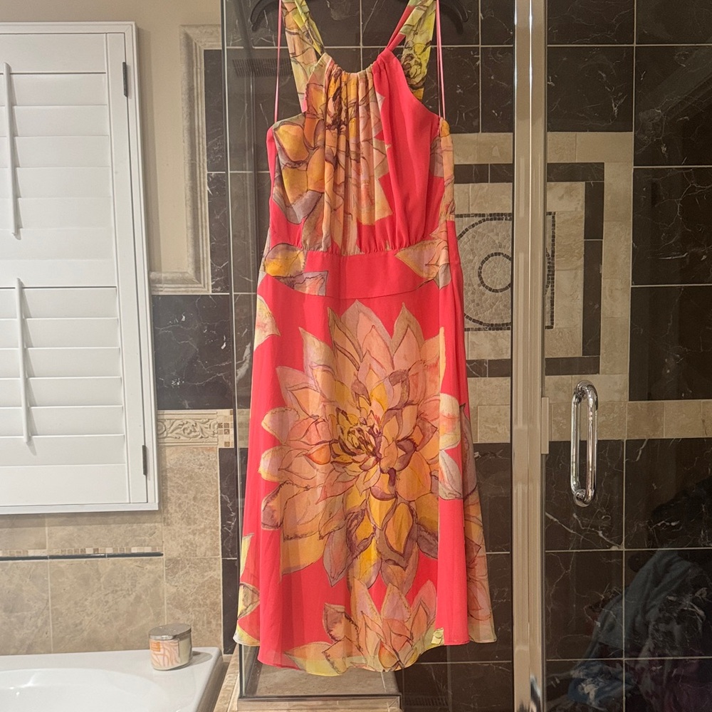 Trina Turk Coral Halter Midi Dress with Yellow Floral Print